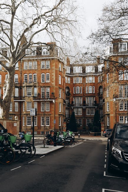 The exterior of a multi-storey residential building made of red brick with numerous white-framed windows, situated on the Portman Estate in Marylebone, London. In the foreground, a paved parking area contains a black car and several green and black bicycle hire bikes parked in bike racks. A large, leafless tree with twisted branches extends over the street, while a small sign is affixed to a post near the building. The scene suggests the setting for a home relocation or furniture transport, with an informal loading area on a residential street, supported by the presence of Marylebone Man and Van's removal services and equipment. The lighting indicates daytime, and the overall environment reflects a typical urban area prepared for a move or packing and loading process involving residential furniture and boxes.